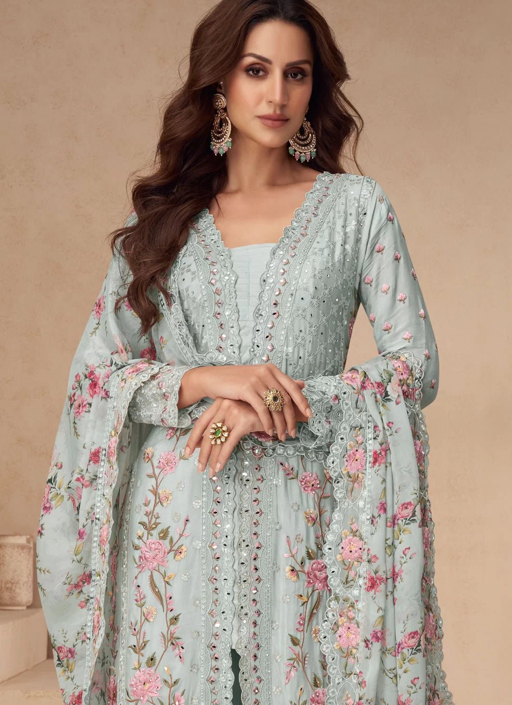 Stunning Grey Blue Floral AASP - Indian Dress House 786