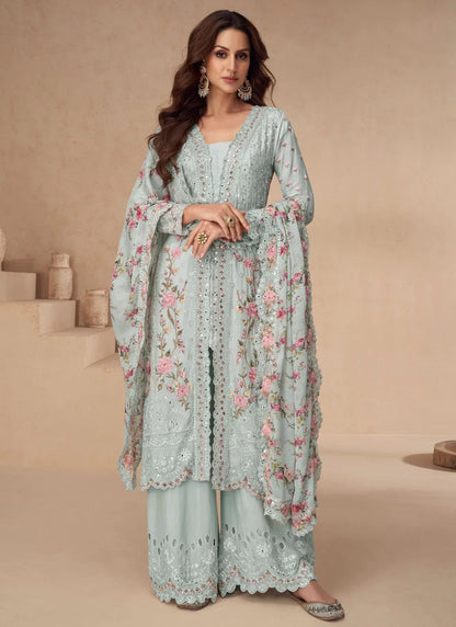 Stunning Grey Blue Floral AASP - Indian Dress House 786