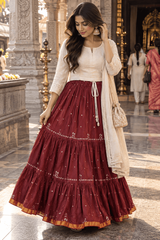Stunning Maroon Tiered Skirt - Indian Dress House 786