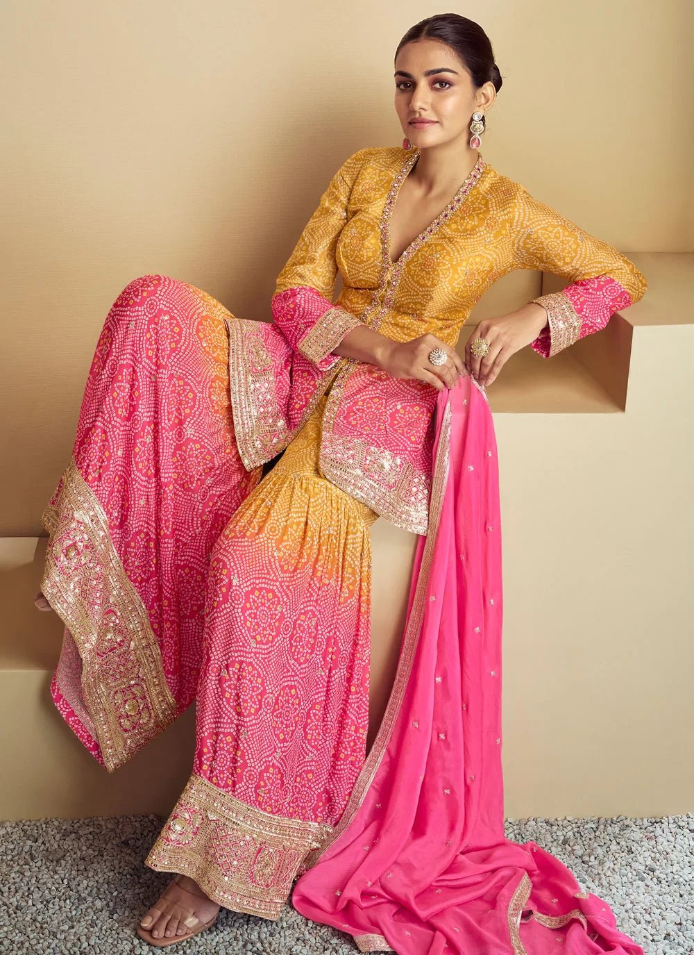 Stunning Multi Color Yellow & Pink GKFS - Indian Dress House 786