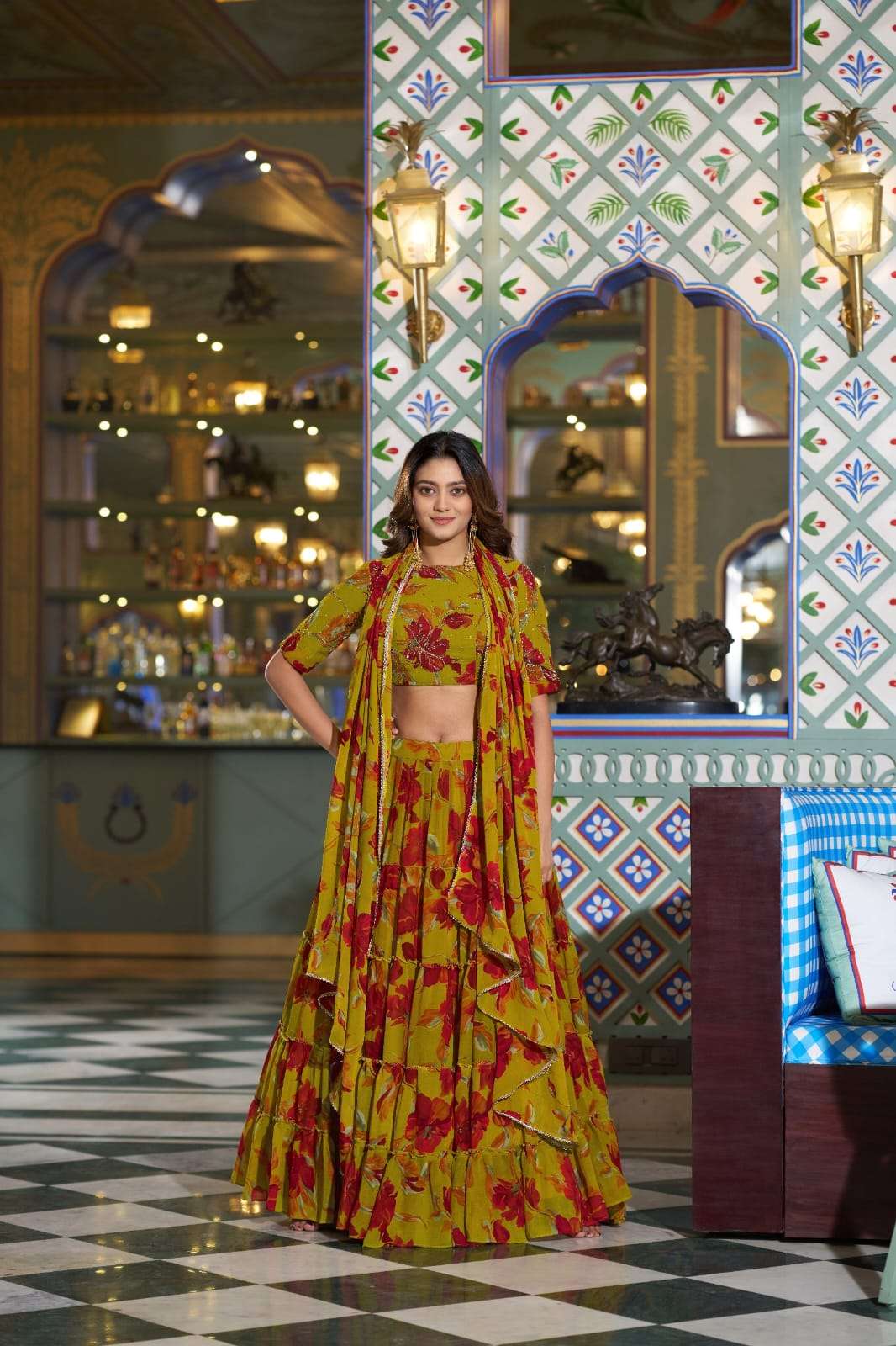 Stunning Mustard Yellow Floral Tiered ZNL - Indian Dress House 786