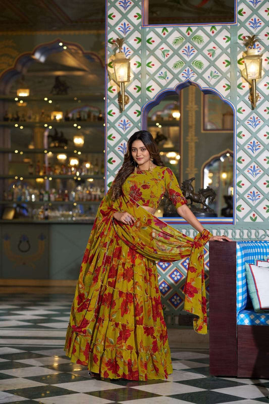 Stunning Mustard Yellow Floral Tiered ZNL - Indian Dress House 786