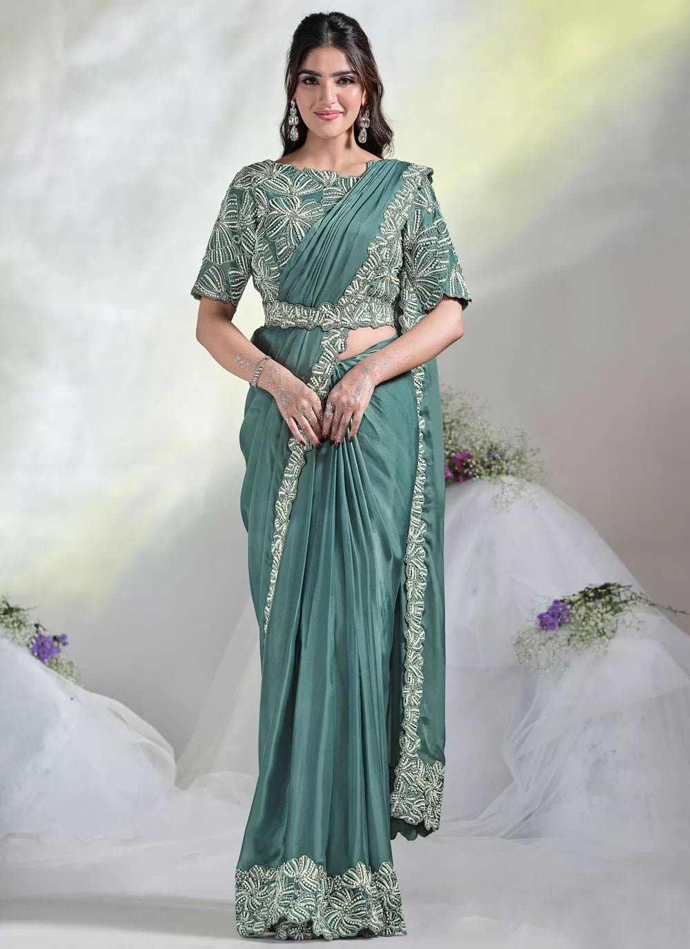 Stunning Pastel Teal Floral MHSA - Indian Dress House 786