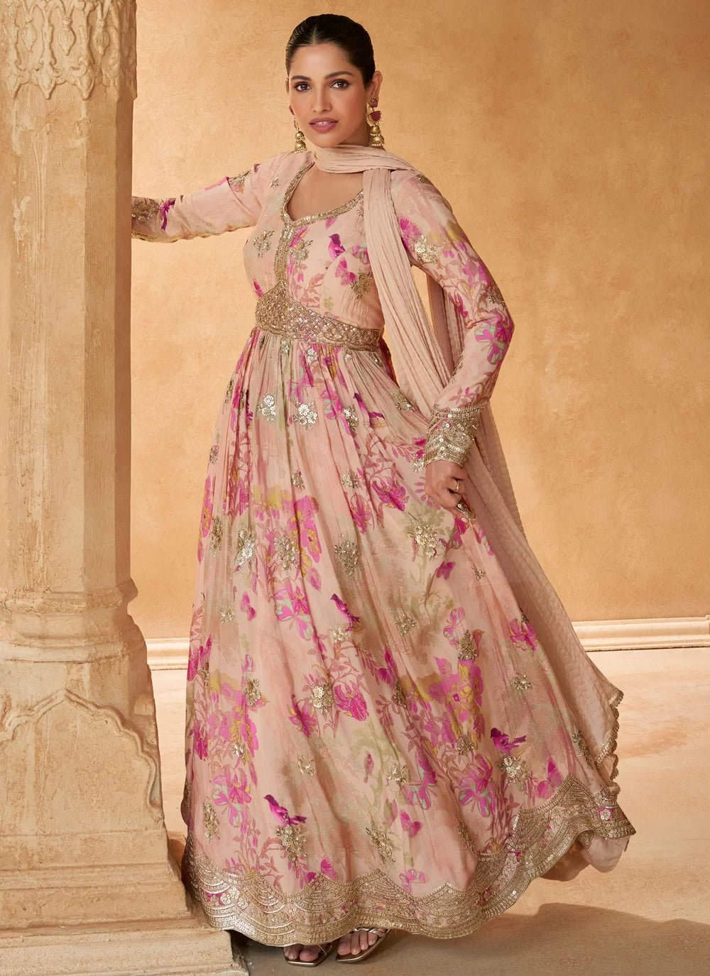 Stunning Peachy Pink Floral Floral SYNJ - Indian Dress House 786