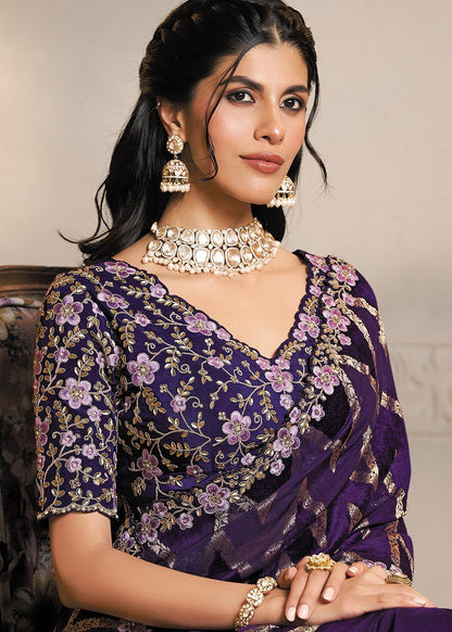 Stunning Purple Floral MHR Saree - Indian Dress House 786