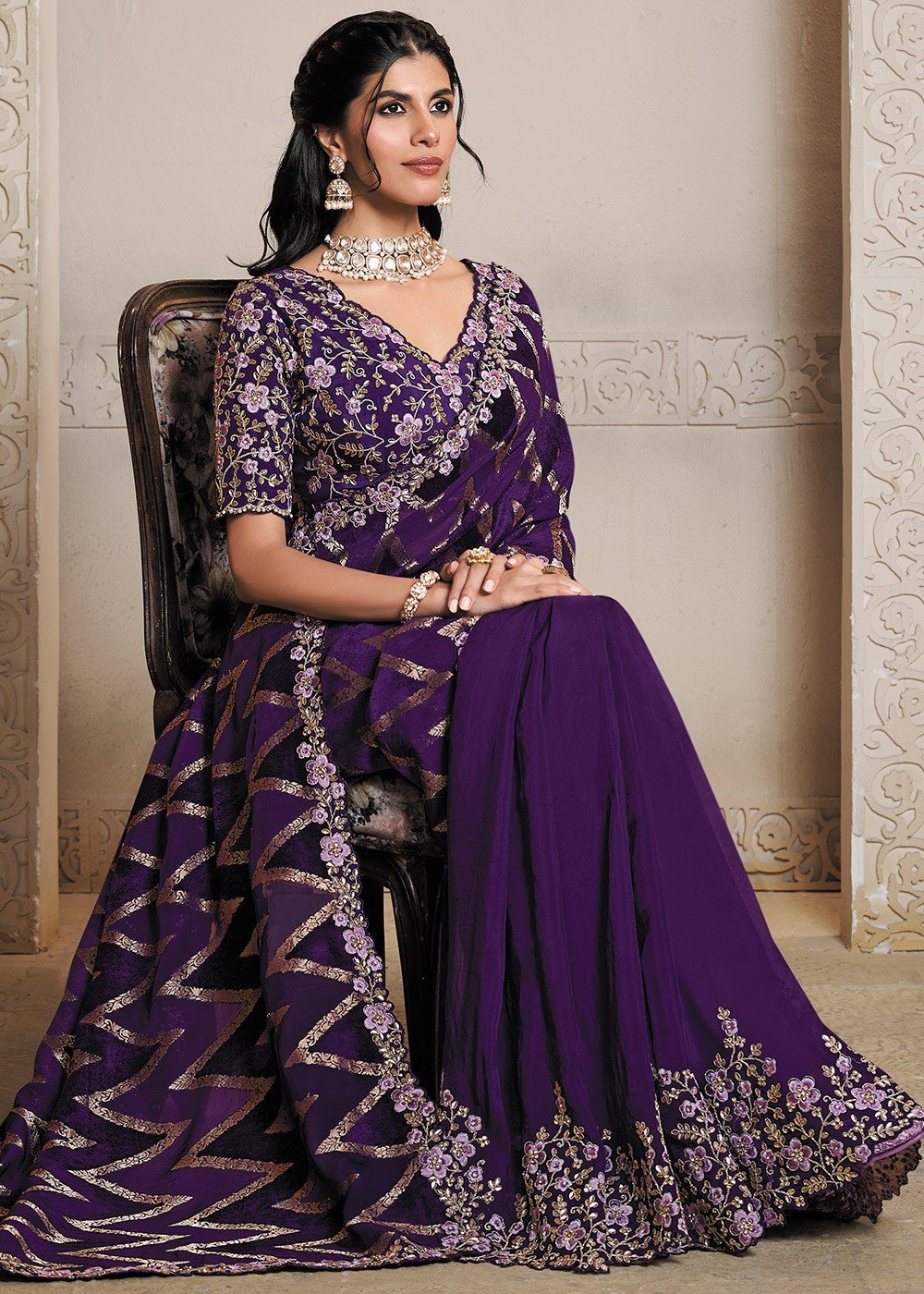 Stunning Purple Floral MHR Saree - Indian Dress House 786