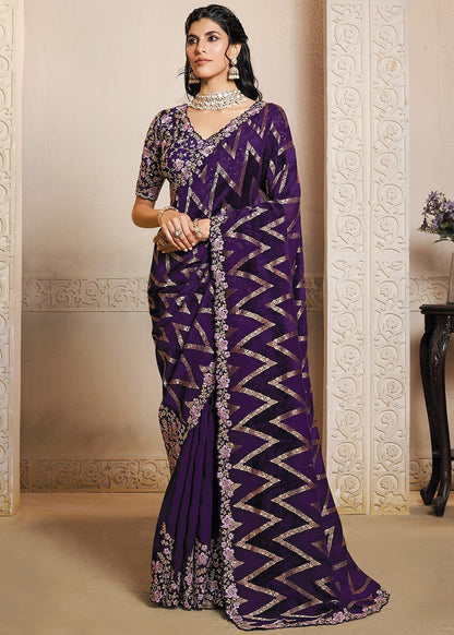 Stunning Purple Floral MHR Saree - Indian Dress House 786