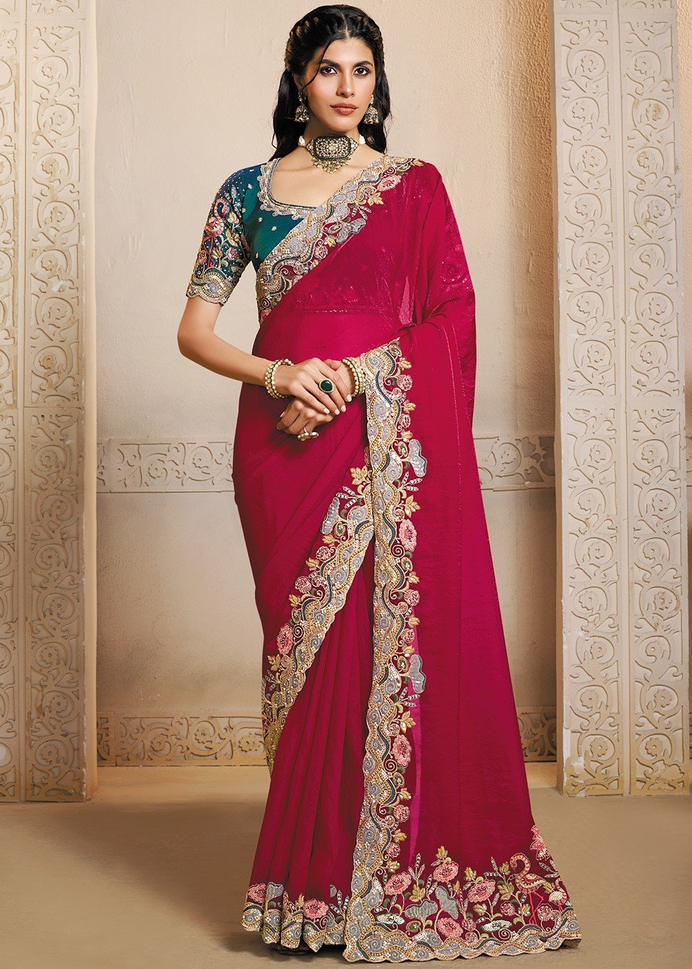 Stunning Red & Blue Floral MHR Saree - Indian Dress House 786