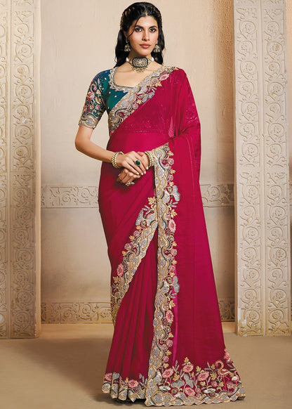 Stunning Red & Blue Floral MHR Saree - Indian Dress House 786