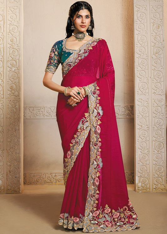 Stunning Red & Blue Floral MHR Saree - Indian Dress House 786