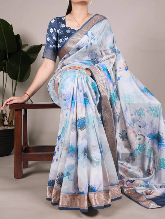 Stunning Soft Blue Floral T YNF Saree - Indian Dress House 786