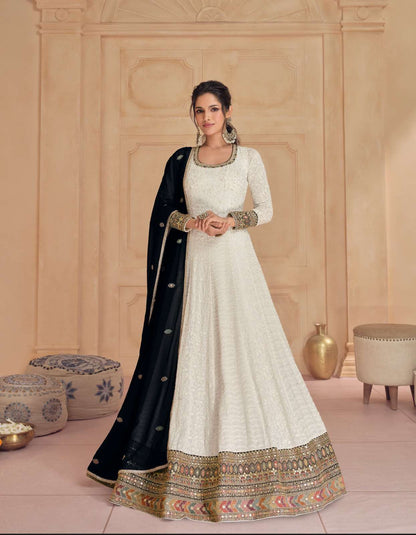 White Latest Indian Dresses For Ladies Indian Women's White Anarkali Style Long Gown Kurta Set With White Latest Indian Dresses For Ladies Indian Women's White Anarkali Style Long Gown Kurta Set With