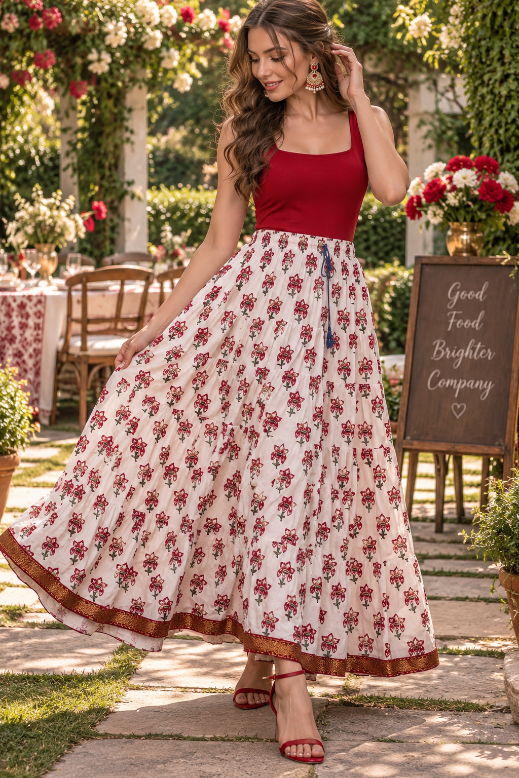 Stunning White & Red Floral Skirt - Indian Dress House 786