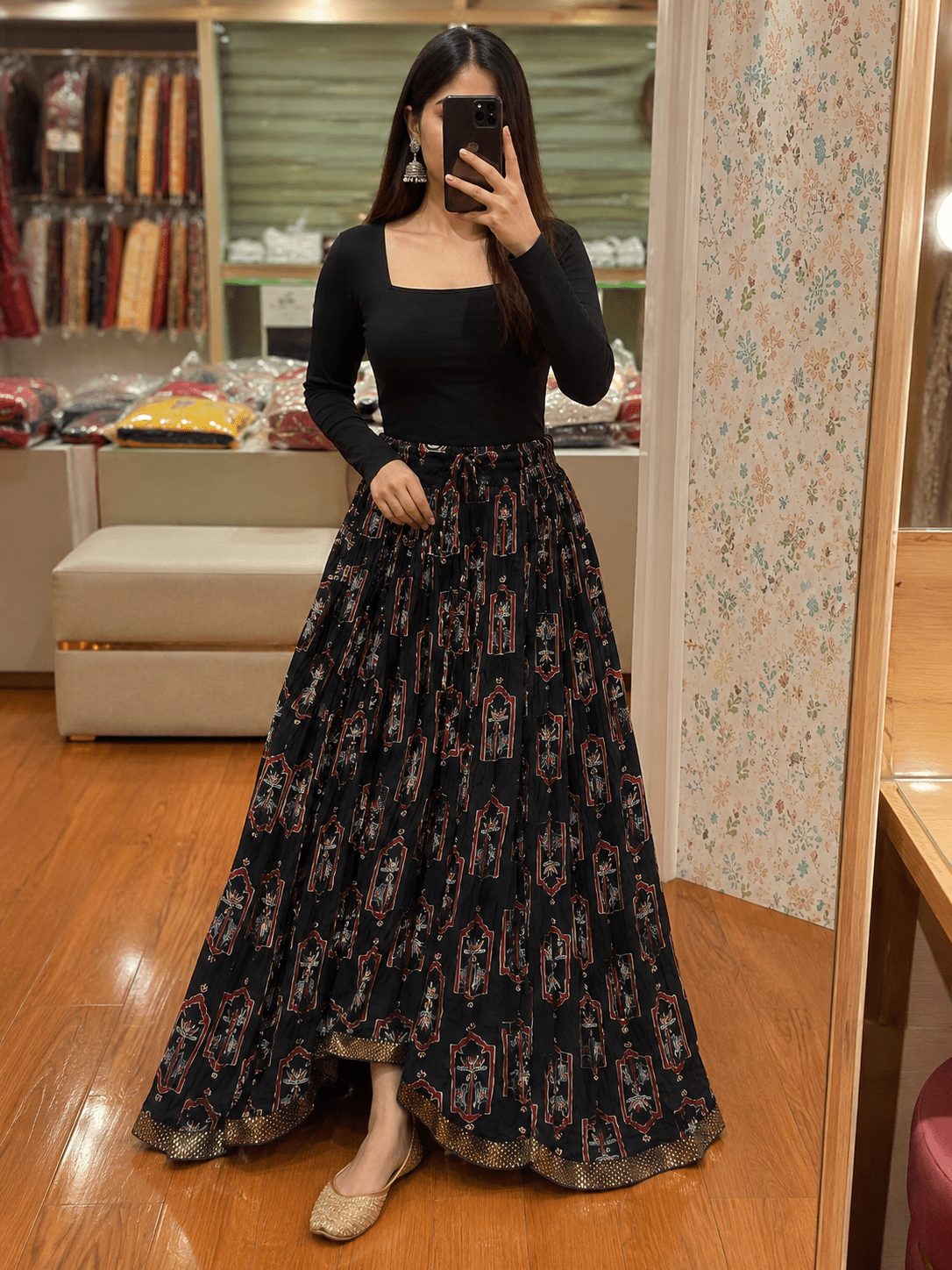 Stylish Black & Red Printed Skirt - Indian Dress House 786