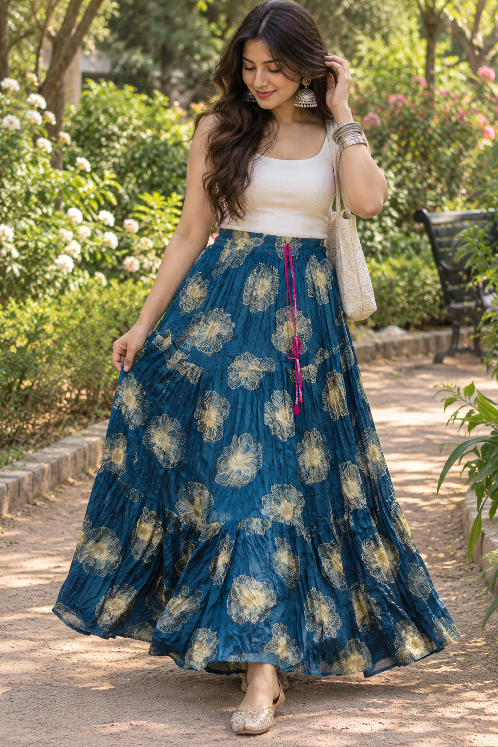 Stylish Blue Floral Rose Skirt - Indian Dress House 786