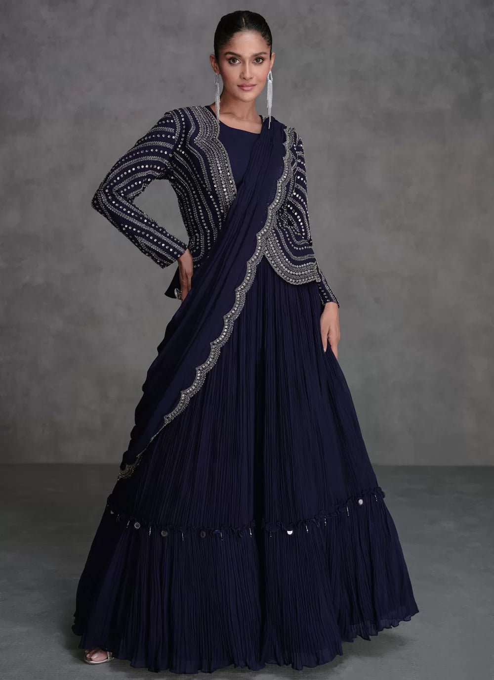 Stylish Blue Lengha Saree SYJU - Indian Dress House 786