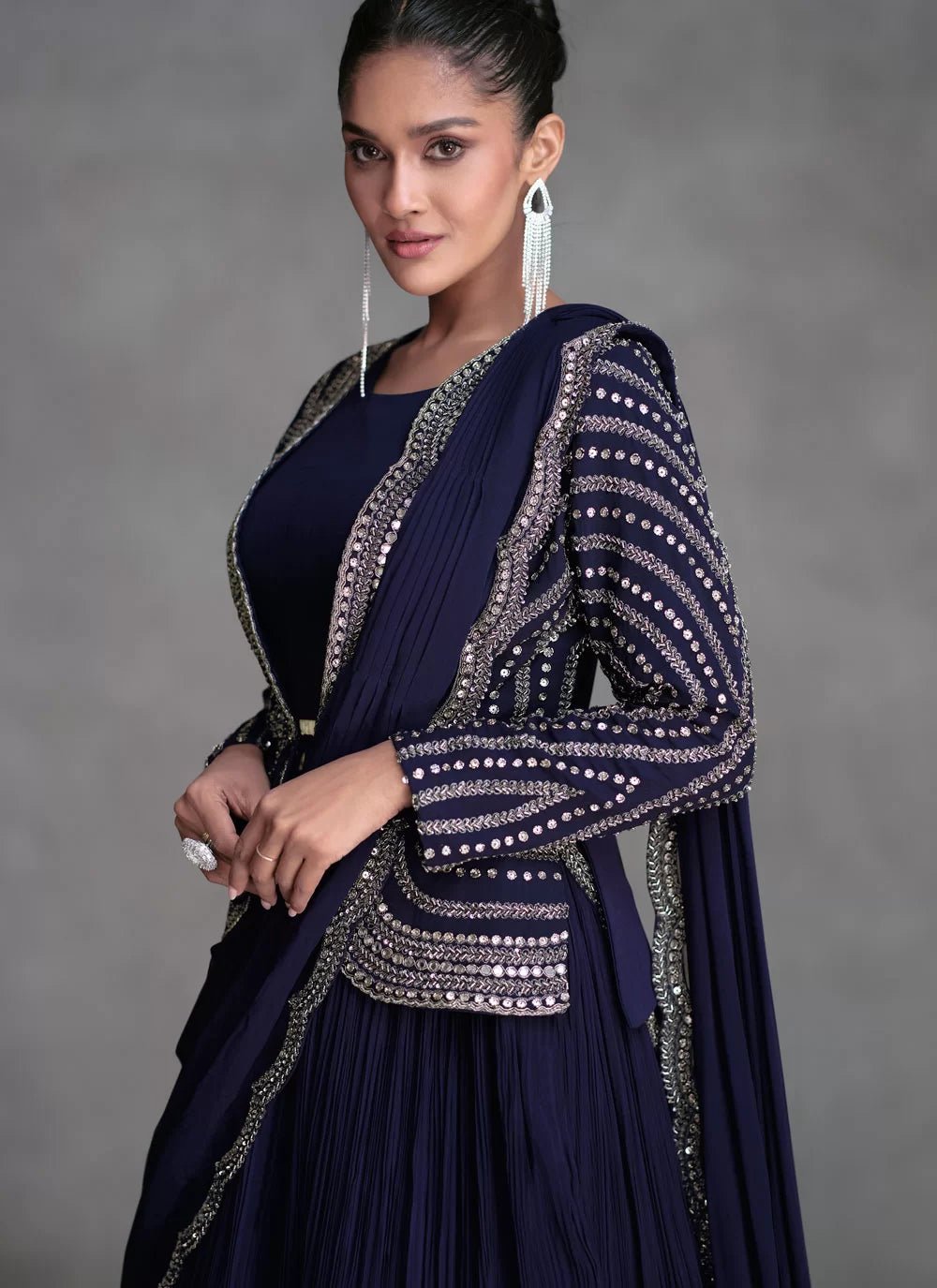 Stylish Blue Lengha Saree SYJU - Indian Dress House 786