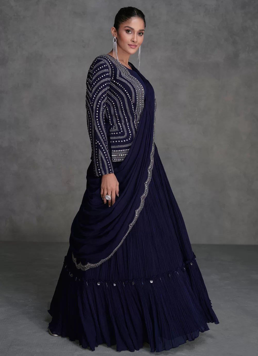 Stylish Blue Lengha Saree SYJU - Indian Dress House 786