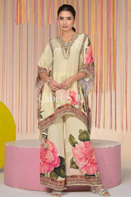 Stylish Floral Beige Kaftan Set S4U FVD - Indian Dress House 786