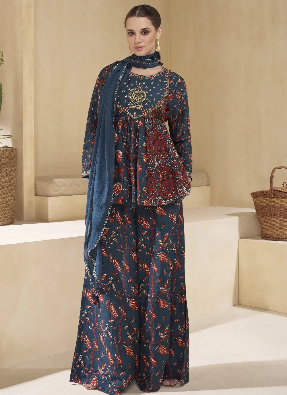 Stylish Floral Blue/Teal Sharara SYC - Indian Dress House 786