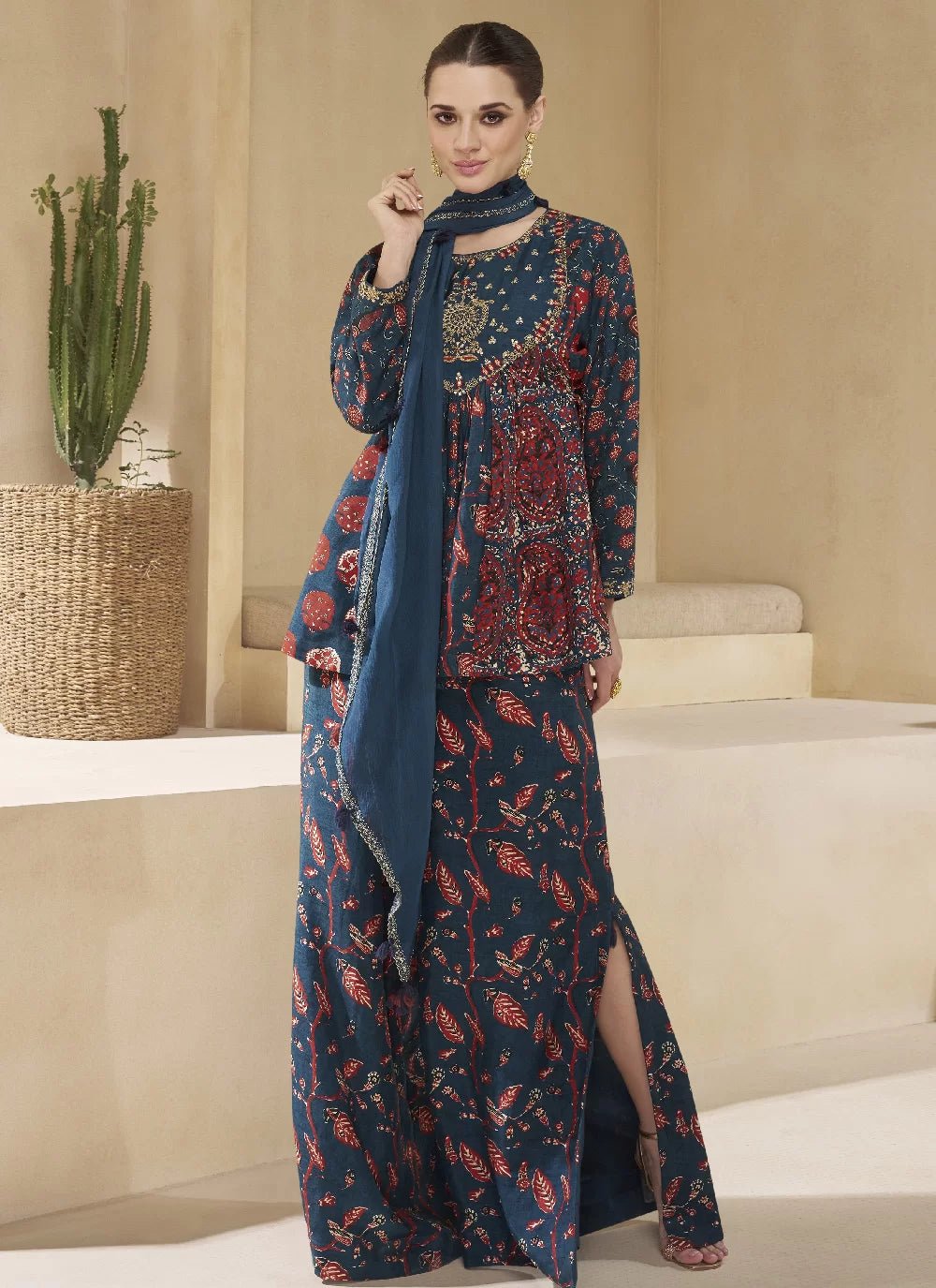 Stylish Floral Blue/Teal Sharara SYC - Indian Dress House 786