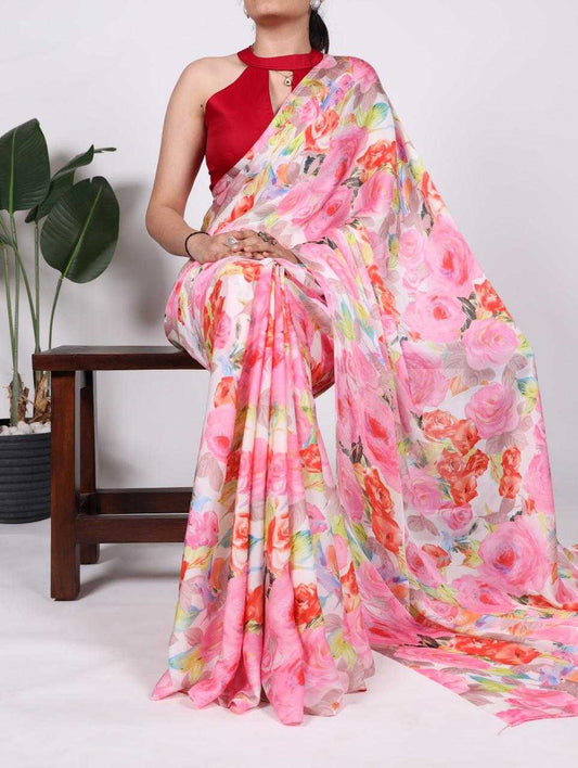 Stylish Floral Pink YNF Saree - Indian Dress House 786
