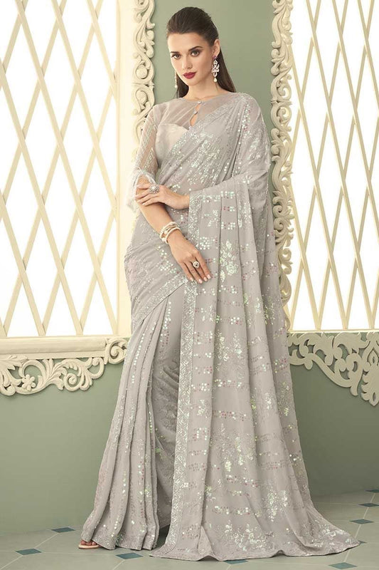 Stylish Grey Silver TFHS Saree - Indian Dress House 786