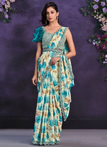 Stylish Multi Color Blue & Cream MMR Saree - Indian Dress House 786