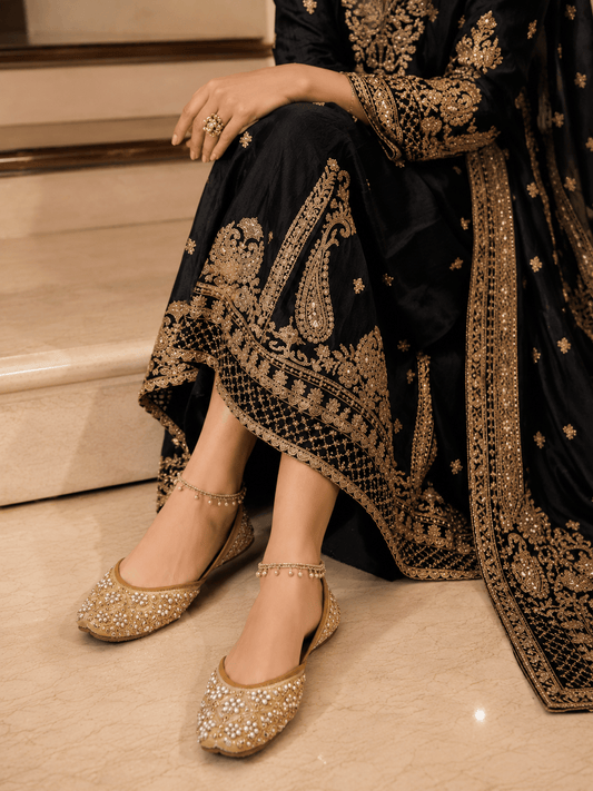 Stylish Pastel Yellow Gold & Silver Jutti - Indian Dress House 786