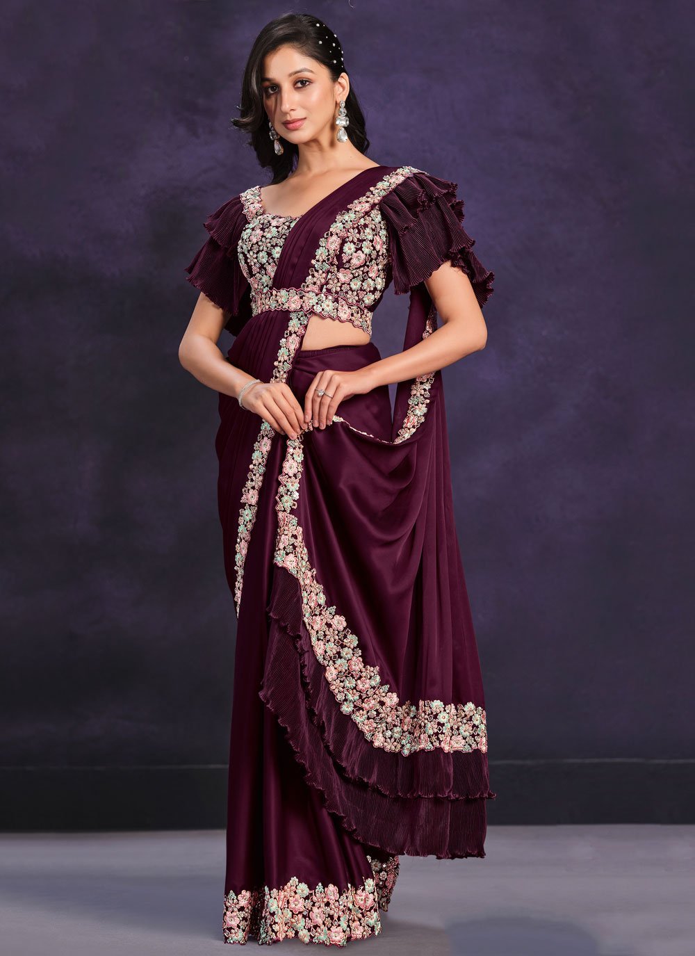 Stylish Wine Floral MMR Saree - Indian Dress House 786