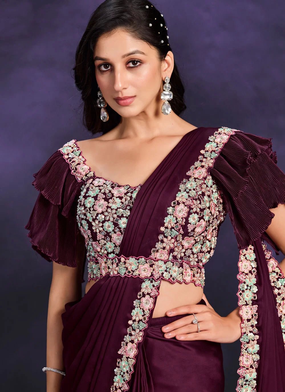 Stylish Wine Floral MMR Saree - Indian Dress House 786