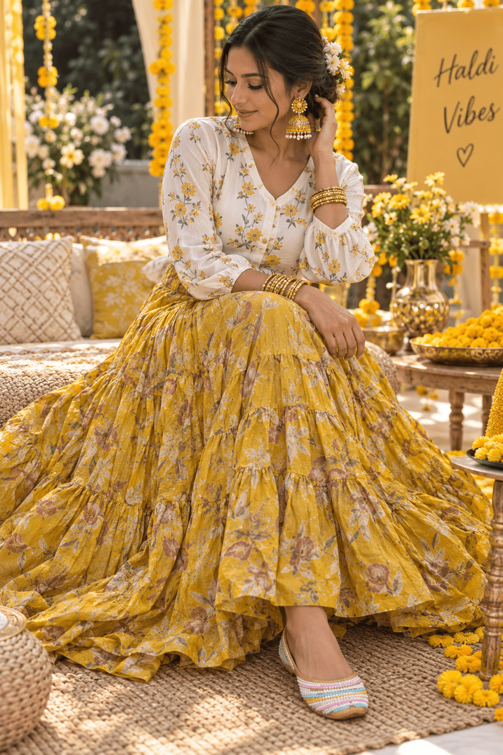 Stylish Yellow Floral Skirt - Indian Dress House 786