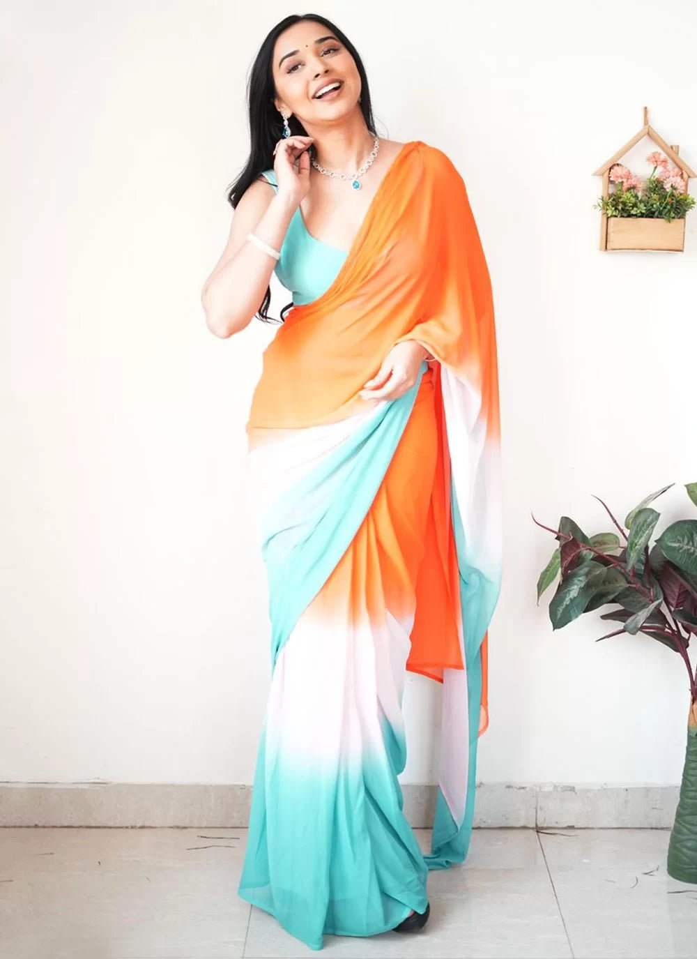 Turquoise & Orange Mult Color Saree - Indian Dress House 786