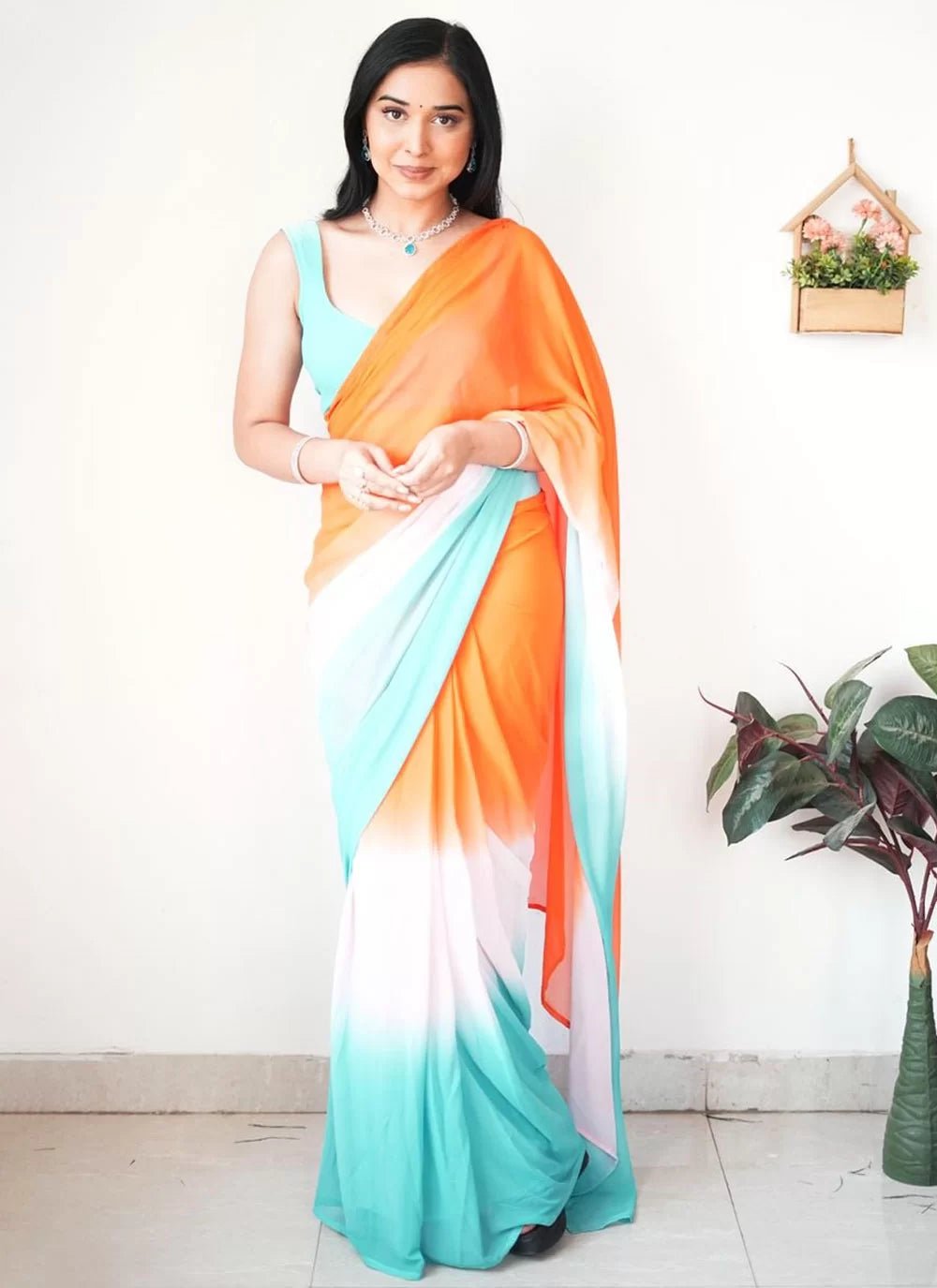 Turquoise & Orange Mult Color Saree - Indian Dress House 786