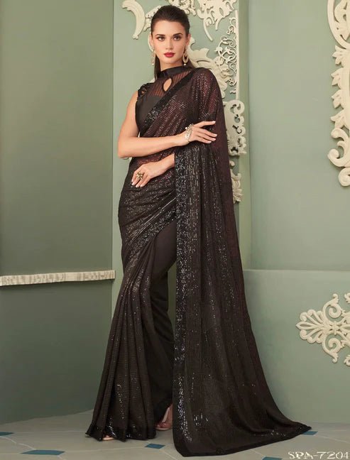 Two Tone Black Sequined TFHS Saree - Indian Dress House 786