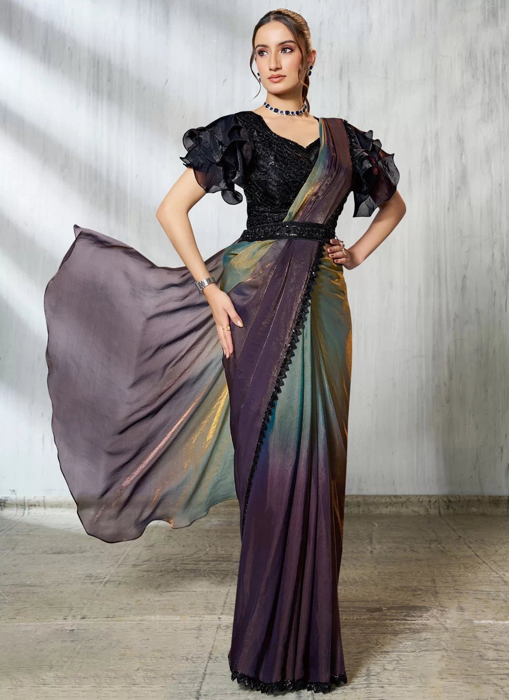 Two Tone Purple & Black MNS Saree - Indian Dress House 786
