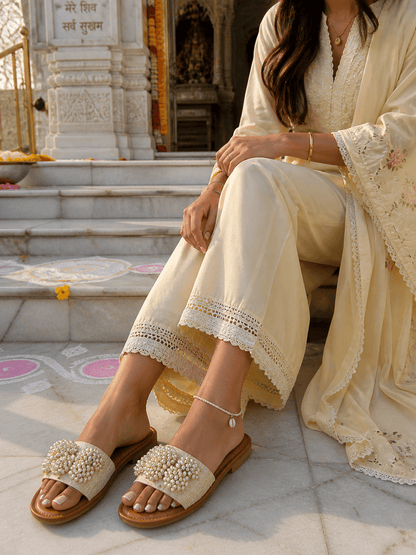 Unique Beige Embellished White & Gold FBS - Indian Dress House 786
