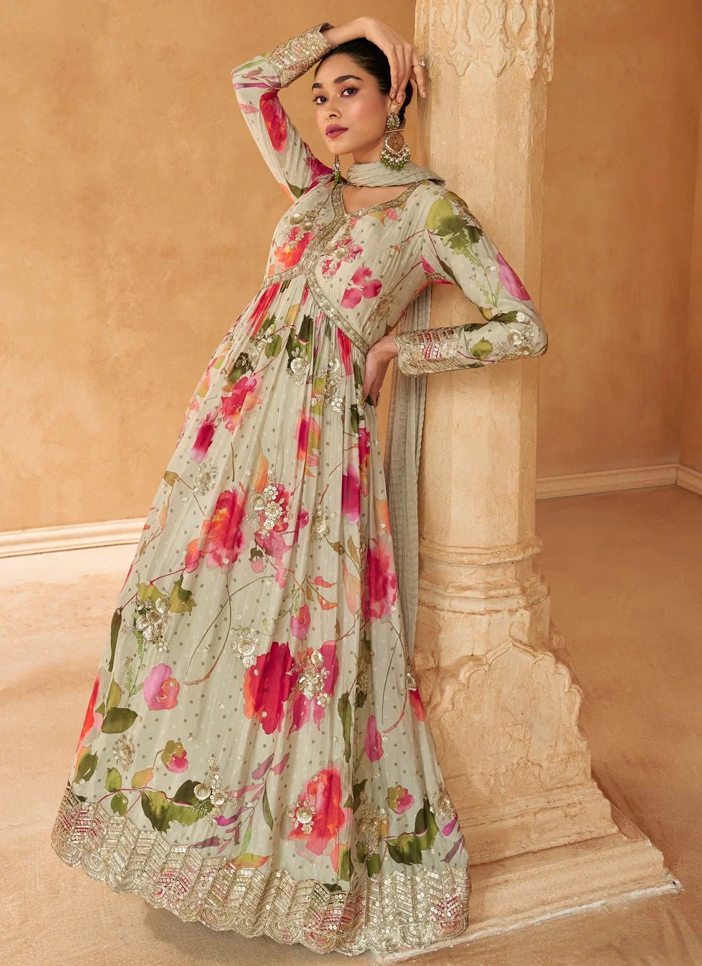 Unique Beige Floral SYNJ - Indian Dress House 786