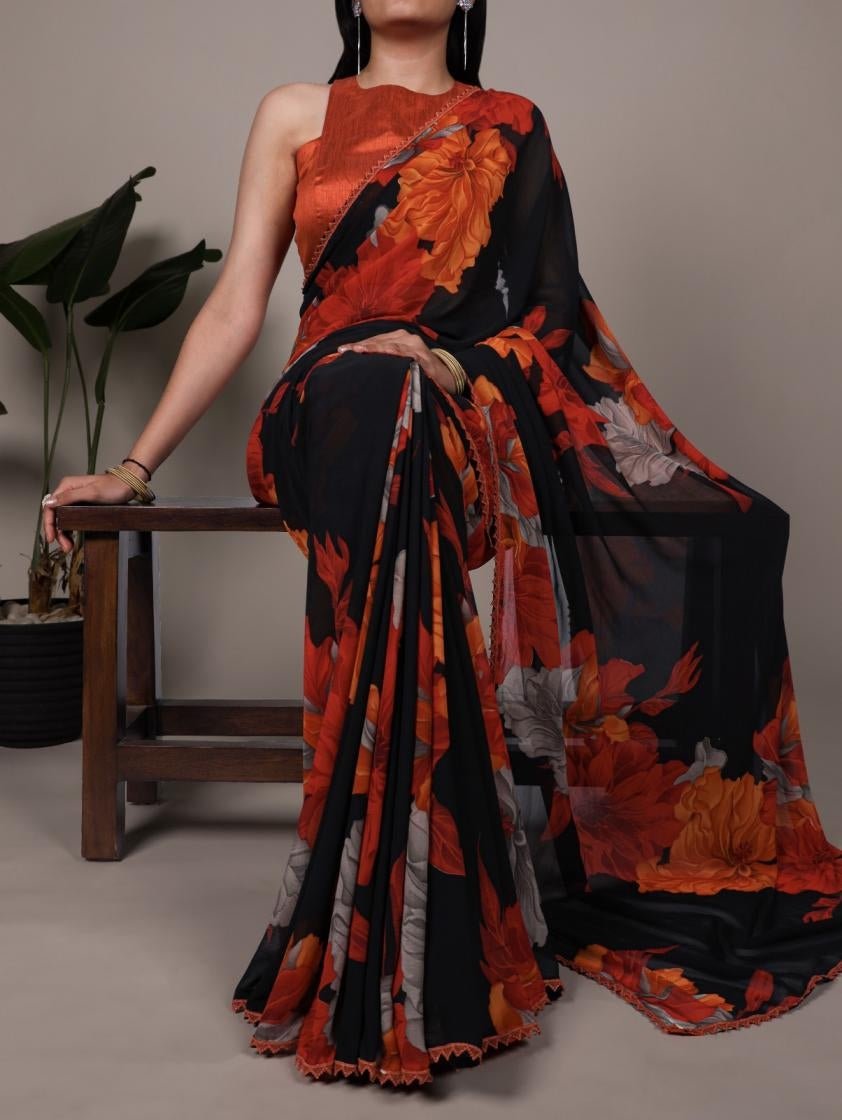 Unique Black & Fiery Floral YNF Saree - Indian Dress House 786
