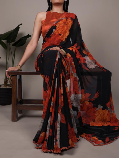Unique Black & Fiery Floral YNF Saree - Indian Dress House 786