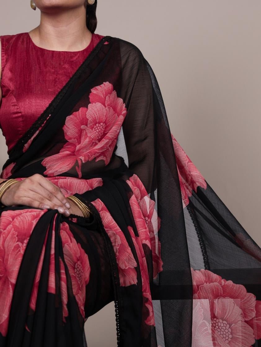 Unique Black & Pink Floral YNF Saree - Indian Dress House 786