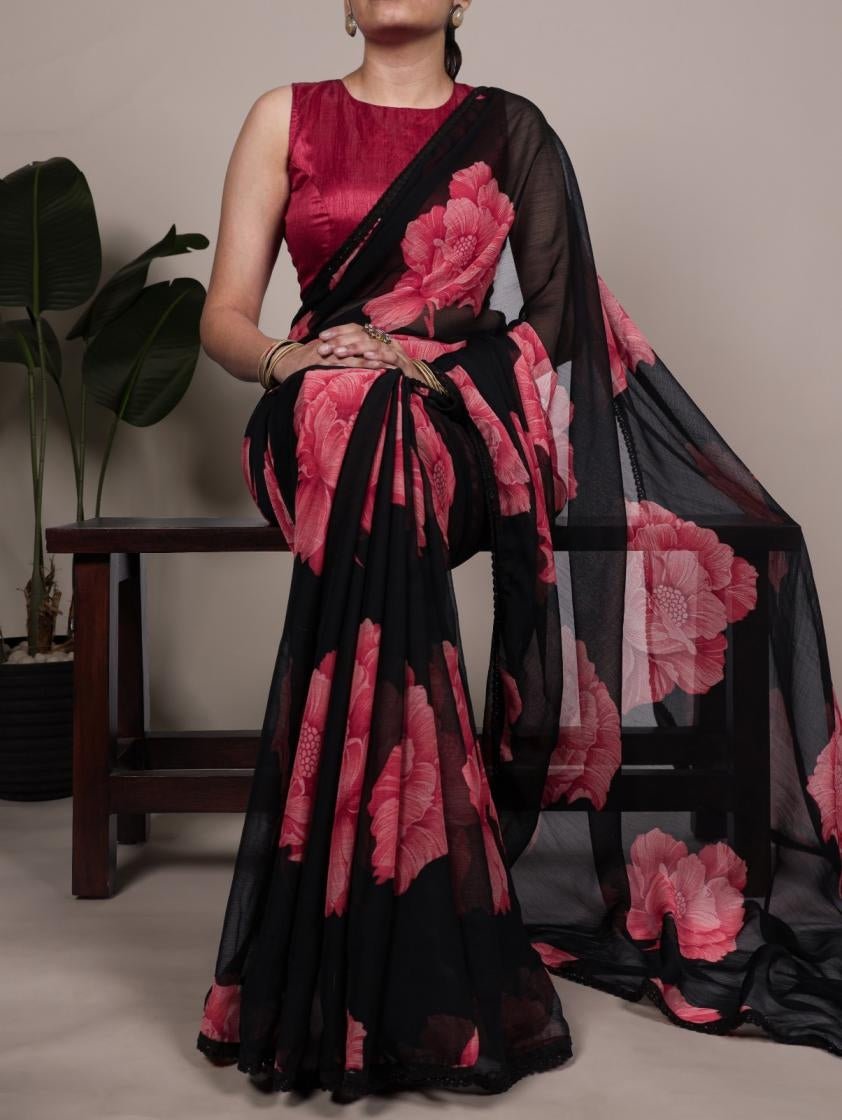 Unique Black & Pink Floral YNF Saree - Indian Dress House 786
