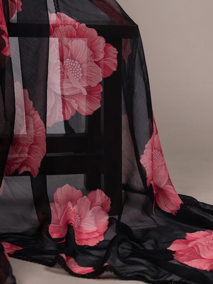 Unique Black & Pink Floral YNF Saree - Indian Dress House 786