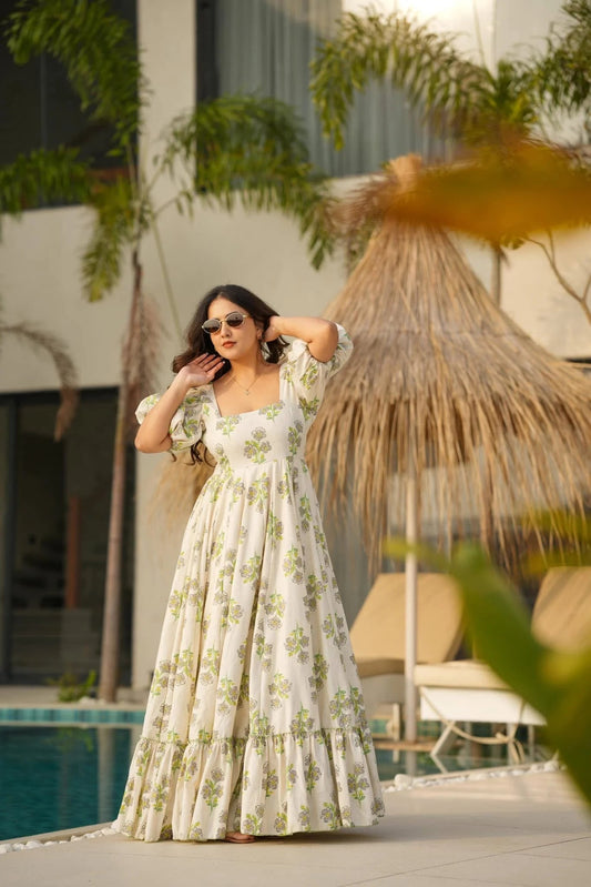 Unique Cream Floral Green LC 11004 FVD - Indian Dress House 786