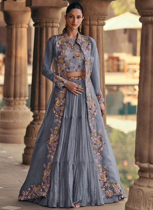 Unique Dusty Blue Floral SMJ - Indian Dress House 786