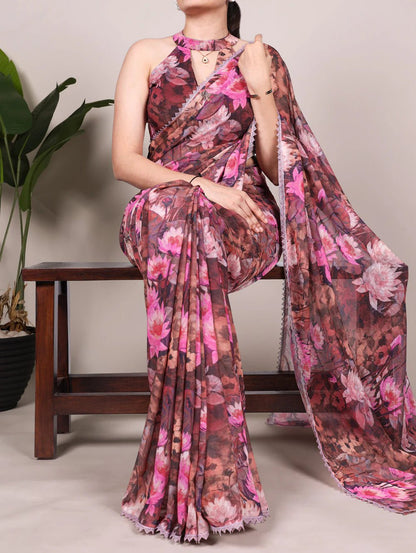 Unique Floral Onion Pink YF Saree - Indian Dress House 786