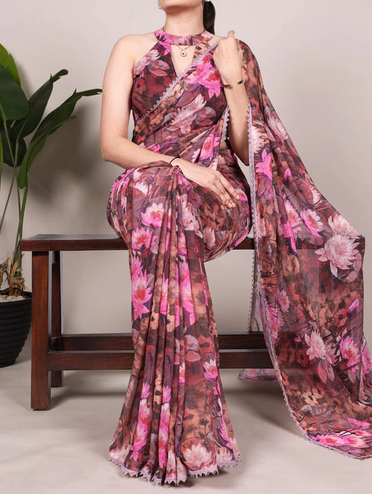 Unique Floral Onion Pink YF Saree - Indian Dress House 786