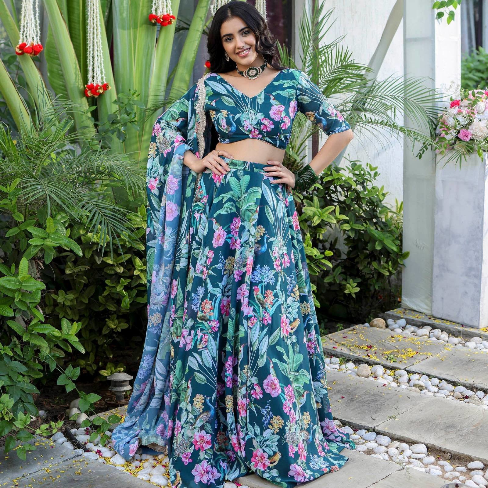 Unique Forest Inspired Teal Green JGL - Indian Dress House 786