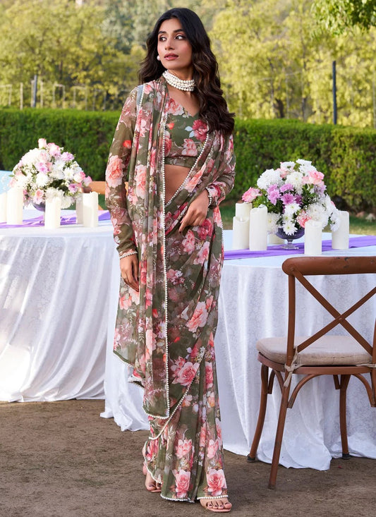 Unique Green Floral BTS SAREE - Indian Dress House 786