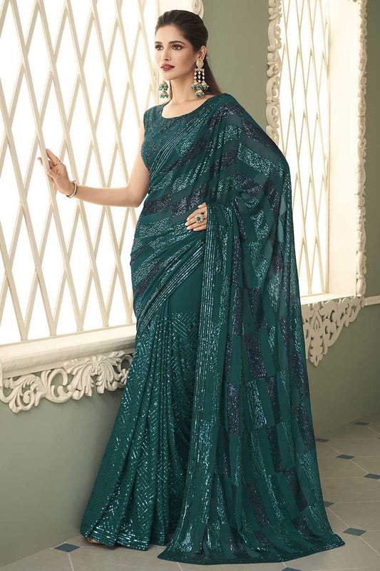 Unique Sequined Teal TFHS Saree - Indian Dress House 786